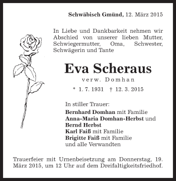 Traueranzeige von Eva Scheraus von Gmünder Tagespost