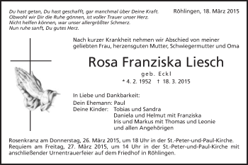Traueranzeige von Rosa Franziska Liesch von Schwäbische Post
