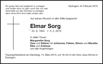 Traueranzeige von Elmar Sorg von Schwäbische Post