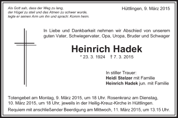 Traueranzeige von Heinrich Hadek von Schwäbische Post