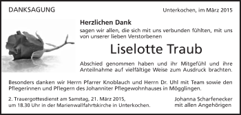 Traueranzeige von Liselotte Traub von Schwäbische Post