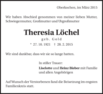 Traueranzeige von Theresia Löchel von Schwäbische Post