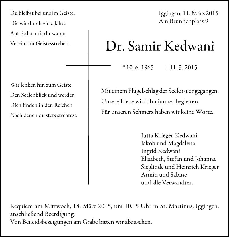  Traueranzeige für Samir Kedwani vom 14.03.2015 aus Gmünder Tagespost
