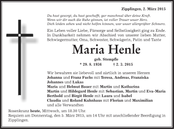 Traueranzeige von Maria Henle von Schwäbische Post