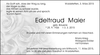 Traueranzeige von Edeltraud Maier von Gmünder Tagespost