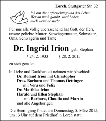 Traueranzeige von Ingrid Irion von Gmünder Tagespost