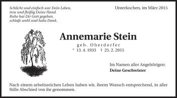 Traueranzeige von Annemarie Stein von Schwäbische Post