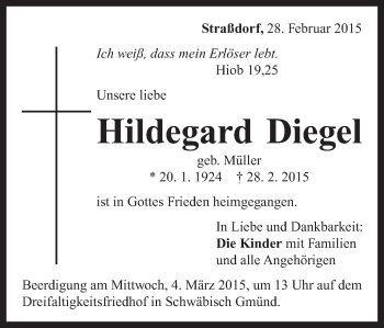 Traueranzeige von Hildegard Diegel von Gmünder Tagespost