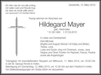 Traueranzeige von Hildegard Mayer von Schwäbische Post