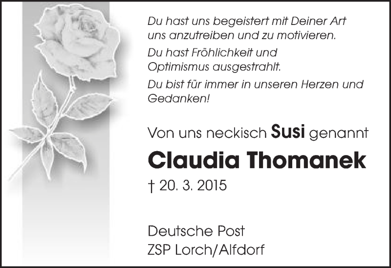  Traueranzeige für Claudia Thomanek vom 24.03.2015 aus Gmünder Tagespost