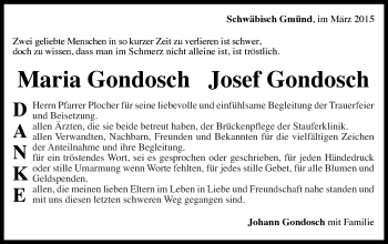 Traueranzeige von Maria und Josef Gondosch von Gmünder Tagespost