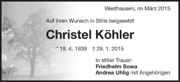 Traueranzeige von Christel Köhler von Schwäbische Post