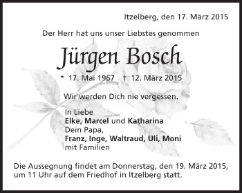 Traueranzeige von Jürgen Bosch von Schwäbische Post