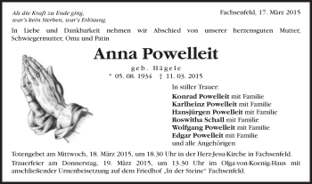 Traueranzeige von Anna Powelleit von Schwäbische Post