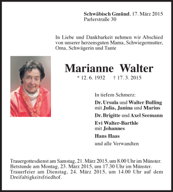Traueranzeige von Marianne Walter von Gmünder Tagespost