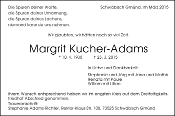 Traueranzeige von Margrit Kucher-Adams von Gmünder Tagespost
