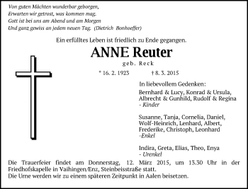 Traueranzeige von Anne Reuter von Schwäbische Post