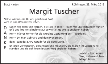 Traueranzeige von Margit Tuscher von Schwäbische Post