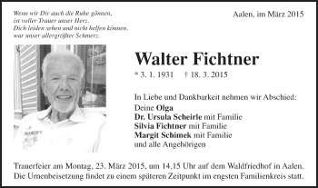 Traueranzeige von Walter Fichtner von Schwäbische Post