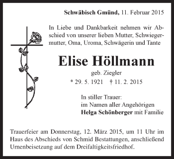 Traueranzeige von Elise Höllmann von Gmünder Tagespost