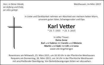 Traueranzeige von Karl Vetter  von Schwäbische Post