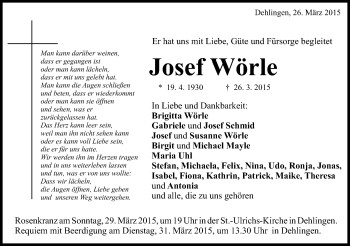 Traueranzeige von Josef Wörle von Schwäbische Post