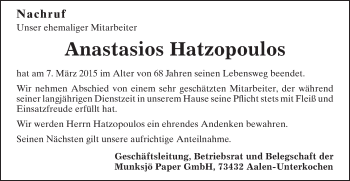 Traueranzeige von Anastasios Hatzopoulos von Schwäbische Post