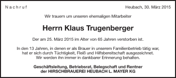 Traueranzeige von Klaus Trugenberger von Gmünder Tagespost