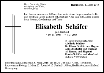 Traueranzeige von Elisabeth Schäfer von Gmünder Tagespost