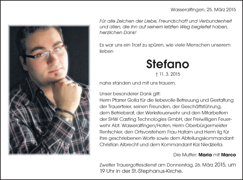  Traueranzeige für Stefano Capranzano vom 25.03.2015 aus Schwäbische Post
