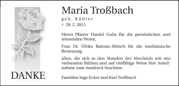 Traueranzeige von Maria Troßbach von Schwäbische Post