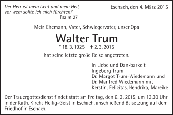 Traueranzeige von Walter Trum von Gmünder Tagespost