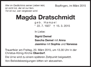 Traueranzeige von Magda Dratschmidt von Schwäbische Post