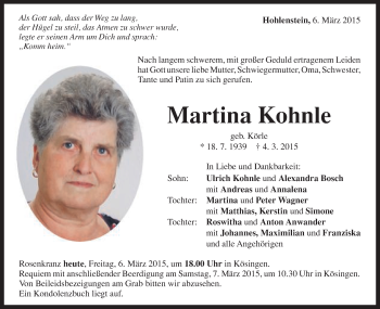 Traueranzeige von Martina Kohnle von Schwäbische Post