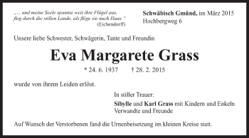 Traueranzeige von Eva Margarete Grass von Gmünder Tagespost