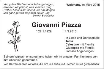 Traueranzeige von Giovanni Piazza von Gmünder Tagespost