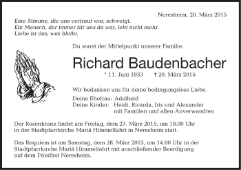 Traueranzeige von Richard Baudenbacher von Schwäbische Post