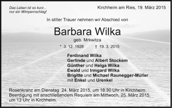Traueranzeige von Barbara Wilka von Schwäbische Post