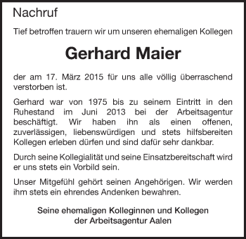Traueranzeige von Gerhard Maier von Schwäbische Post