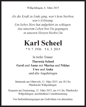 Traueranzeige von Karl Scheel von Gmünder Tagespost