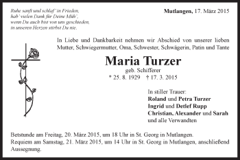 Traueranzeige von Maria Turzer von Gmünder Tagespost