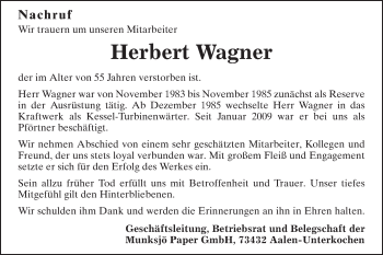Traueranzeige von Herbert Wagner von Schwäbische Post