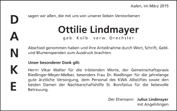 Traueranzeige von Ottilie Lindmayer von Schwäbische Post
