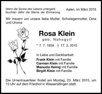 Traueranzeige von Rosa Klein von Schwäbische Post