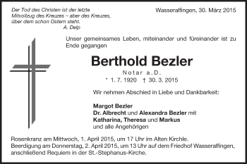 Traueranzeige von Berthold Bezler von Schwäbische Post