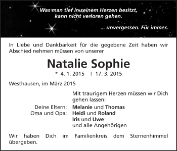 Traueranzeige von Natalie Sophie  von Schwäbische Post