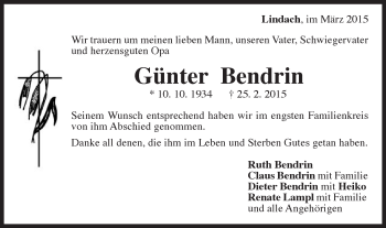 Traueranzeige von Günter Bendrin von Gmünder Tagespost