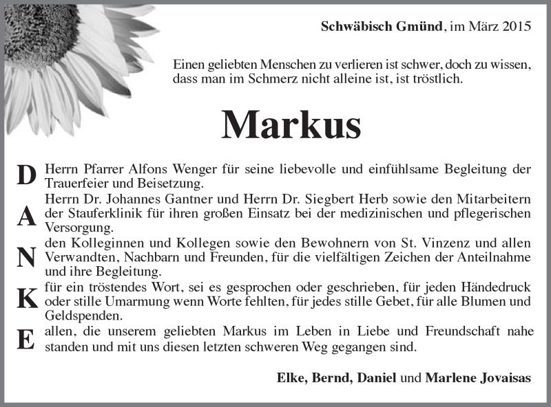  Traueranzeige für Markus  vom 14.03.2015 aus Gmünder Tagespost