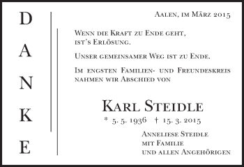 Traueranzeige von Karl Steidle von Schwäbische Post