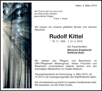 Traueranzeige von Rudolf Kittel von Schwäbische Post